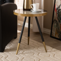 Baxton Studio RS410-MBW-ET Lauro Modern and Contemporary Round Glossy Marble and Metal End Table with Two-Tone Black and Gold Legs